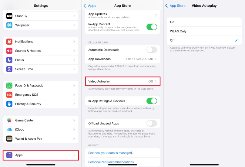 disable video autoplay in app store on iphone