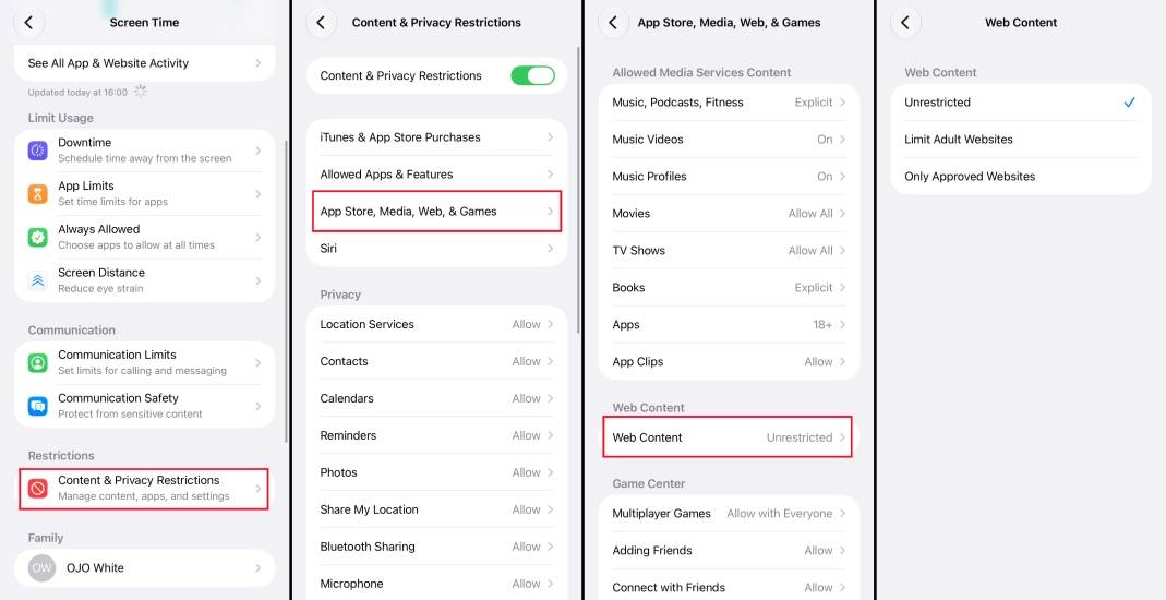 turn off web content restrictions on iphone