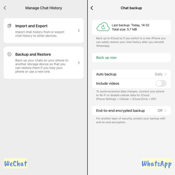 data backup of wechat vs whatsapp