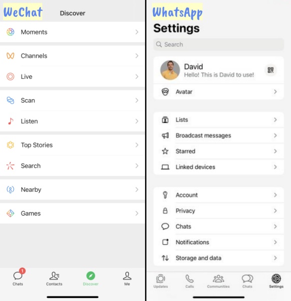 interface of wechat vs whatsapp