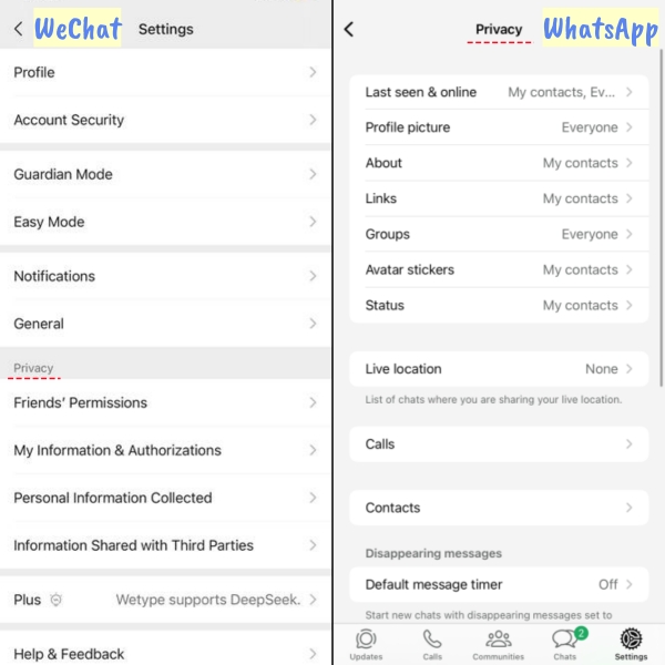 privacy settings of wechat vs whatsapp