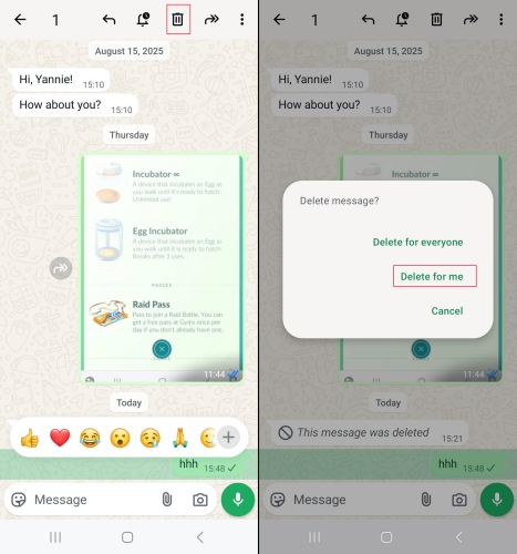 delete whatsapp message for me on android