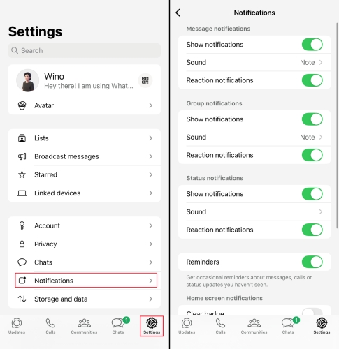 whatsapp in app notification setting