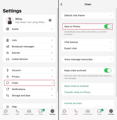 turn on whatsapp save to phoho on iphone