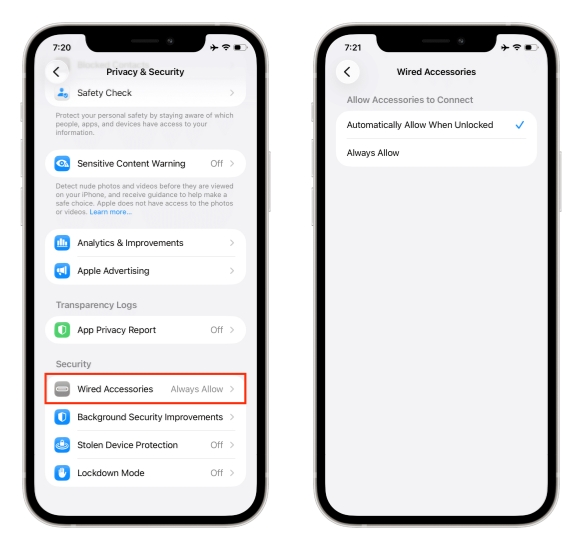 disable accessories on iphone